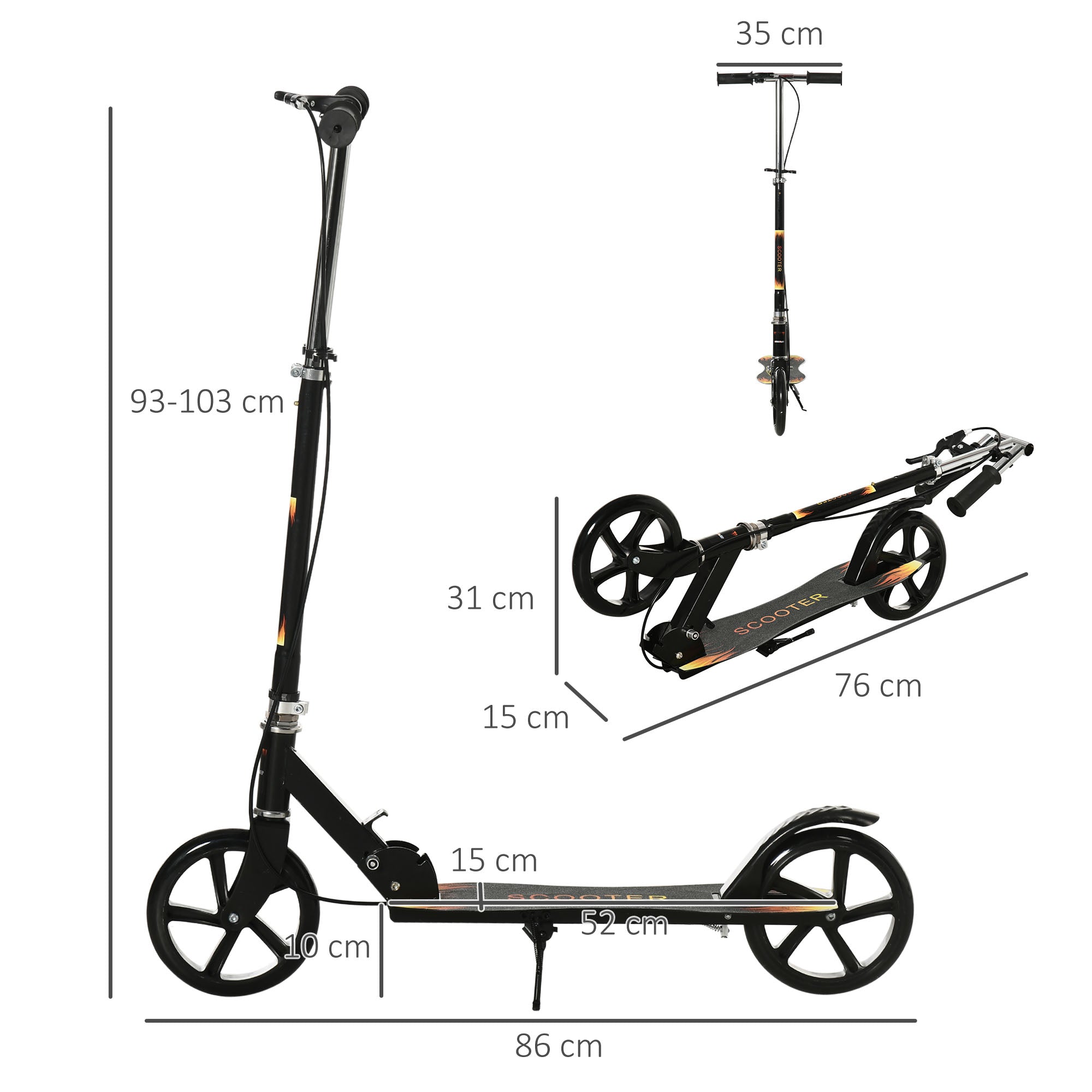 Monopattino per Bambini 86x35x93/98/103 cm Manubrio 3 Altezze in Metallo Nero