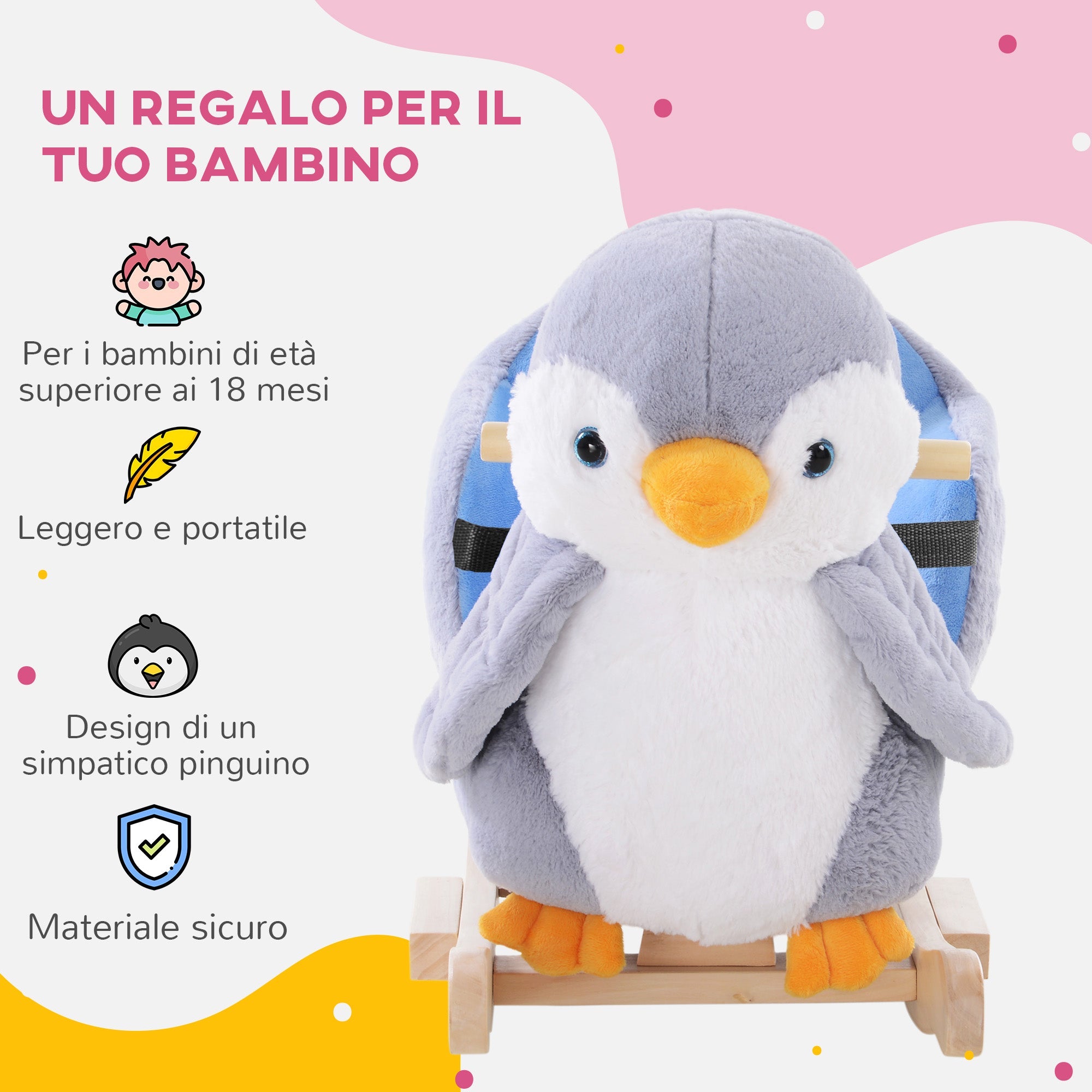 Cavallo a Dondolo per Bambini in Legno e Peluche Pinguino Grigio