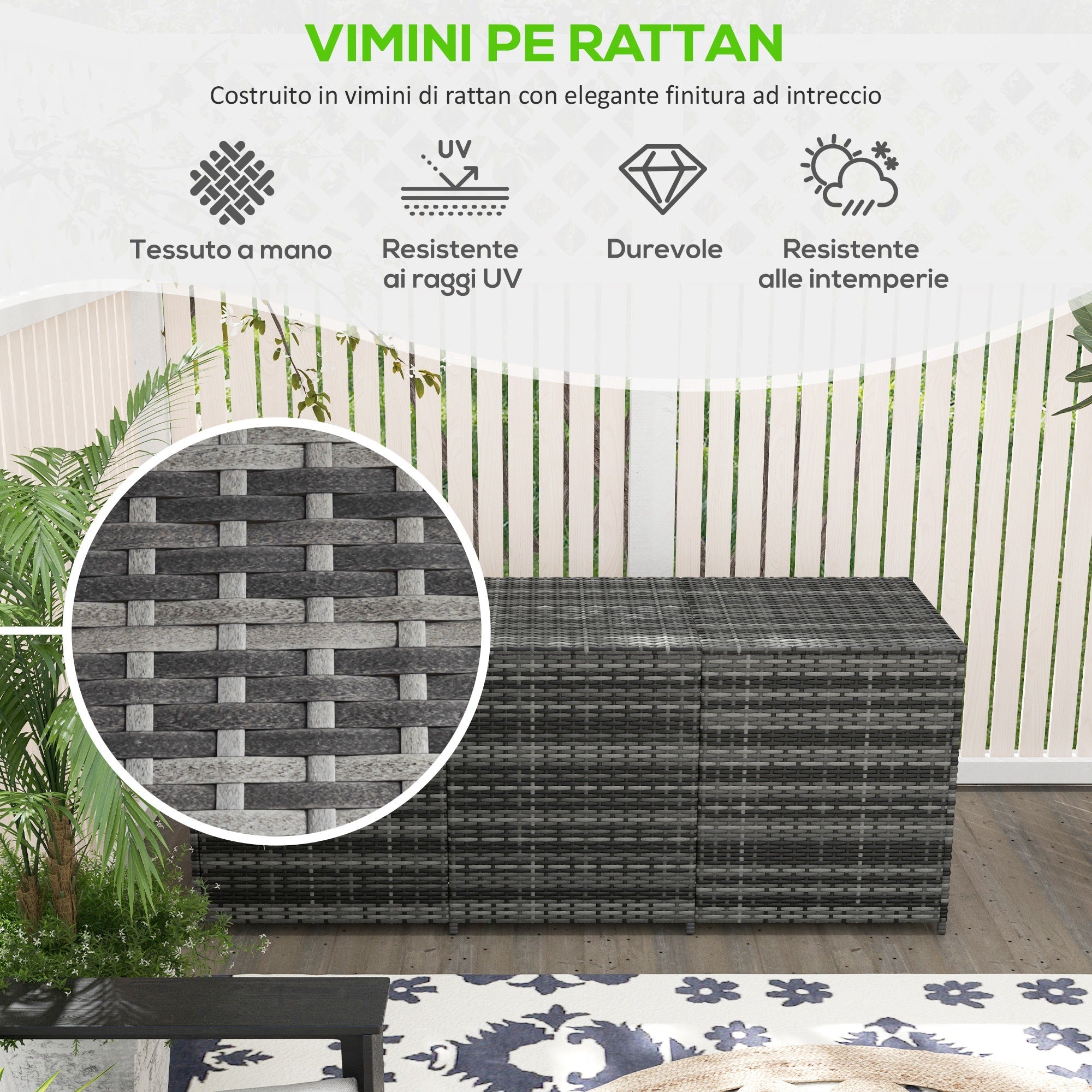 Panca Contenitore Rialzata con Fodera Interna 180x60x73 cm in Acciaio e Rattan Grigio e Crema