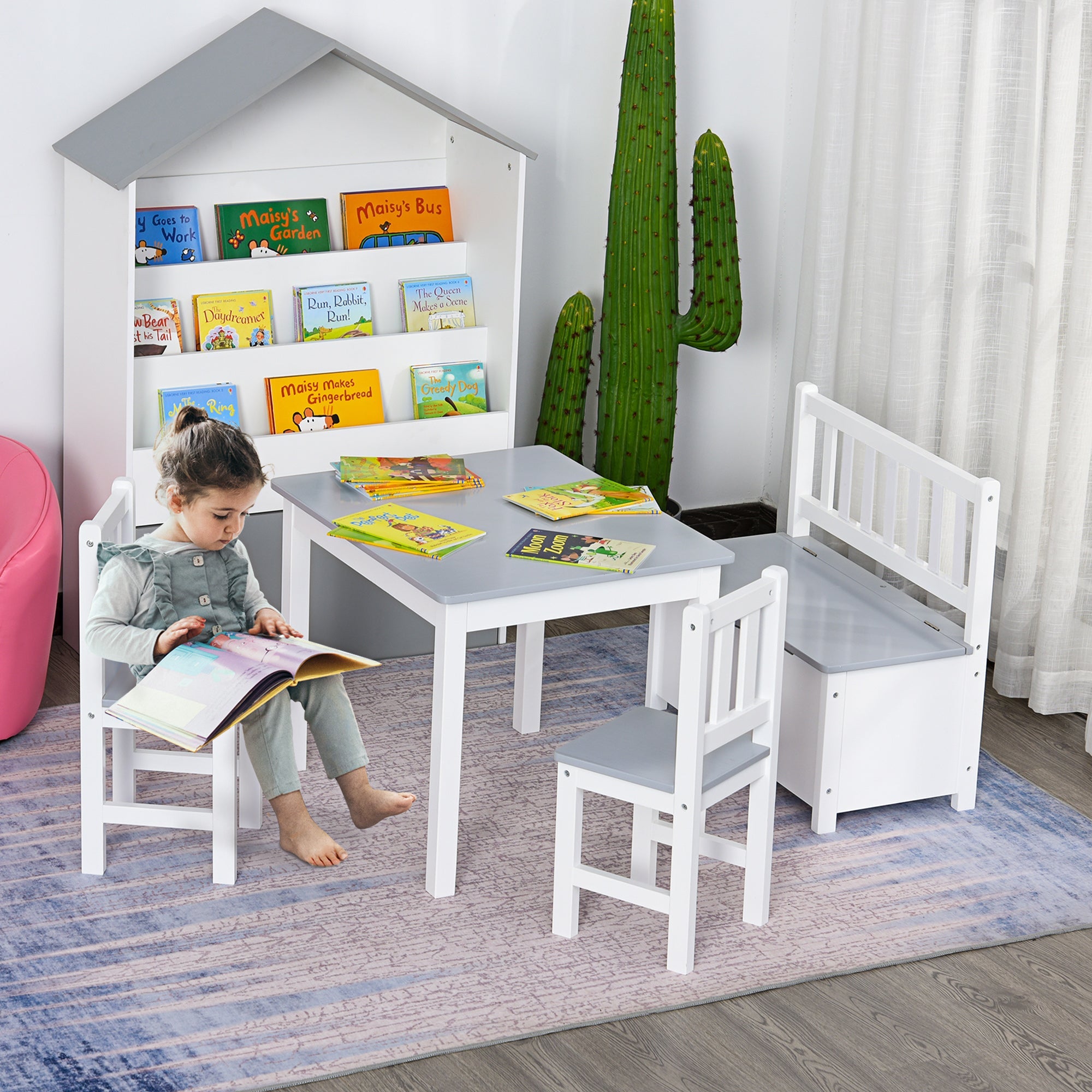 Set Tavolo per Bambini con 2 Sedie e Cassapanca in Legno per Cameretta Bianco e Grigio