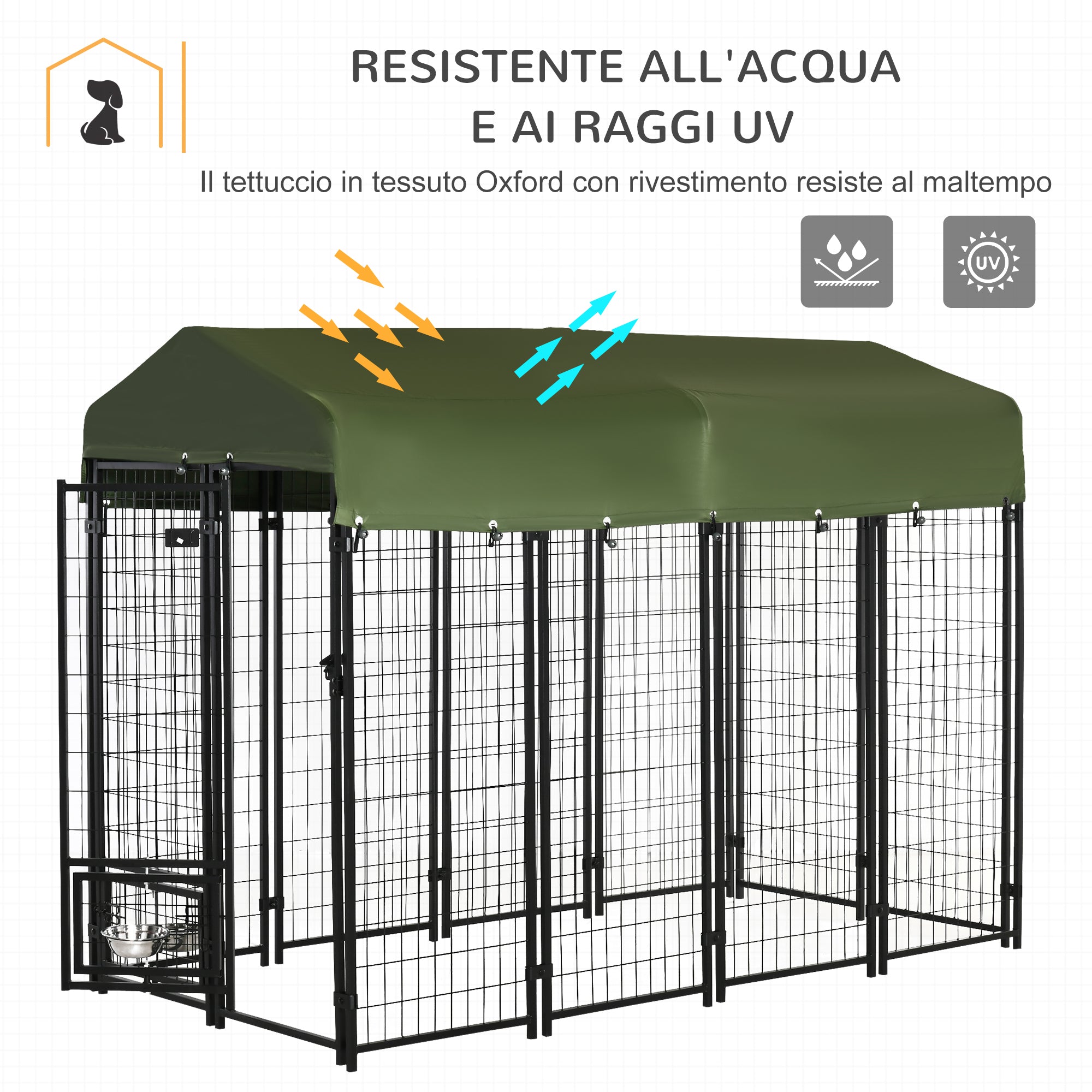 Kennel per  Cani da Esterno 244x122x183 cm in Acciaio e Tessuto Oxford Verde