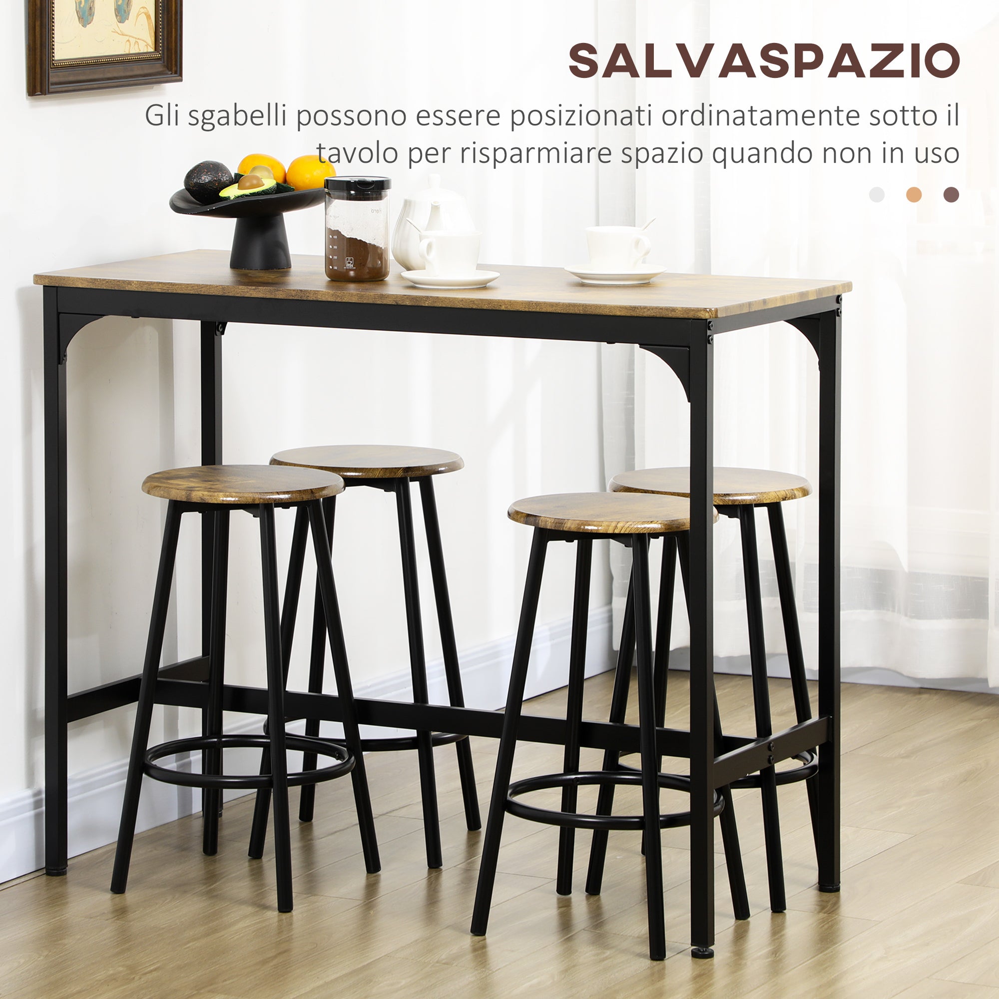 Set Tavolo Alto e 4 Sgabelli in MDF e Metallo Marrone e Nero