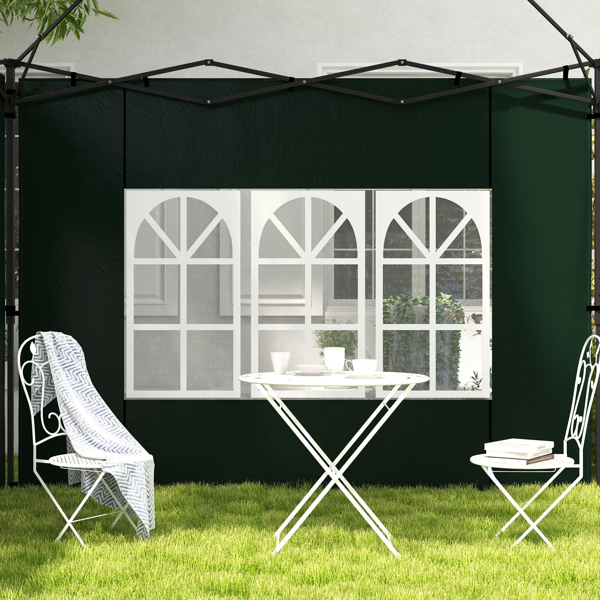 Set 2 Pareti Laterali per Gazebo 3x3m e 3x6m con Finestre 293x193 cm in PE e Plastica Verde