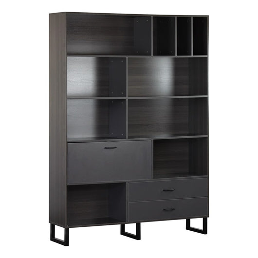 Libreria 8 vani 2 cassetti 1 anta in legno effetto olmo scuro e grigio  140x195x35 cm