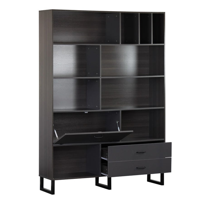 Libreria 8 vani 2 cassetti 1 anta in legno effetto olmo scuro e grigio  140x195x35 cm