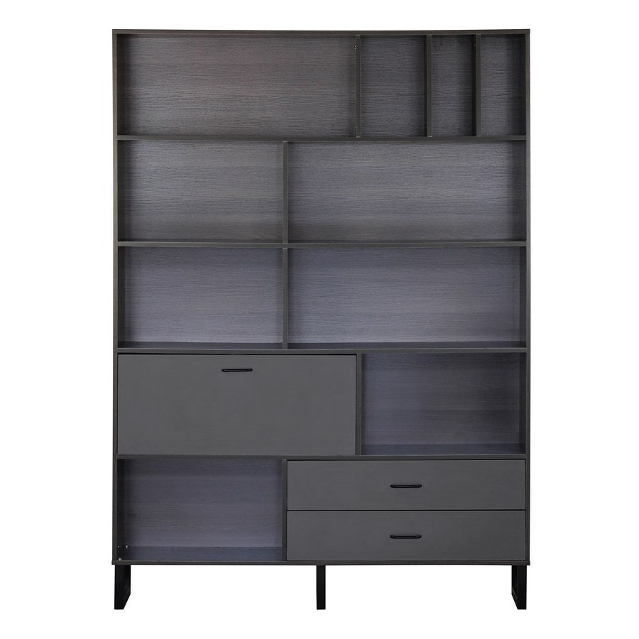 Libreria 8 vani 2 cassetti 1 anta in legno effetto olmo scuro e grigio  140x195x35 cm