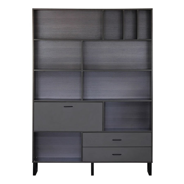 Libreria 8 vani 2 cassetti 1 anta in legno effetto olmo scuro e grigio  140x195x35 cm