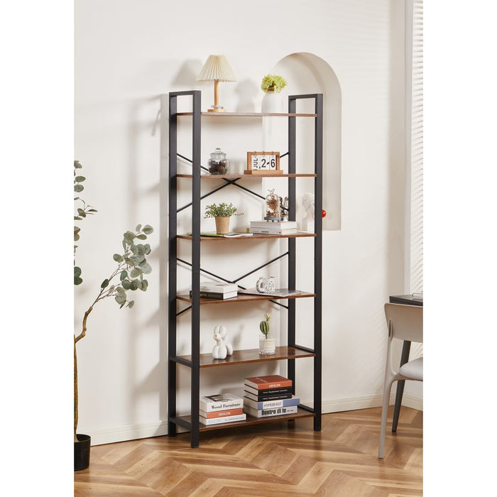 Libreria industrial con 6 ripiani in legno e metallo 80x30x186 cm