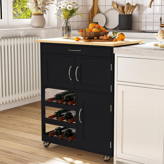 Mobiletto da cucina Febe con ruote in legno nero e top in rovere