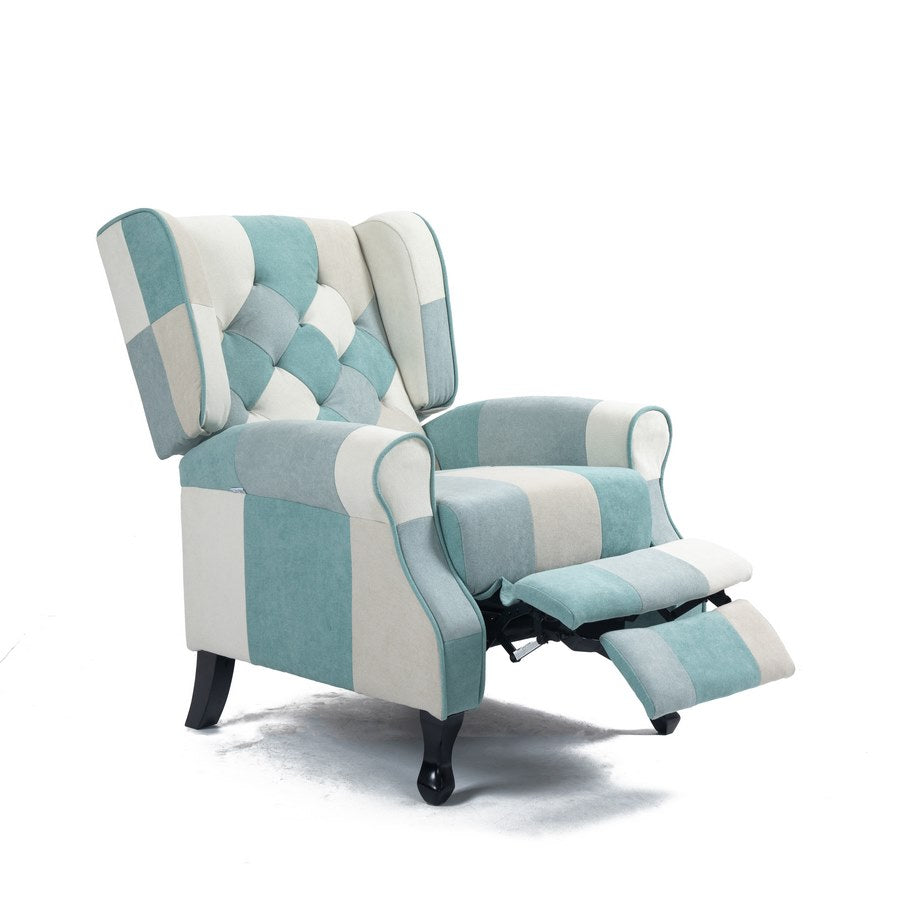 Poltrona relax reclinabile Push-Back con braccioli in tessuto patchwork azzurro