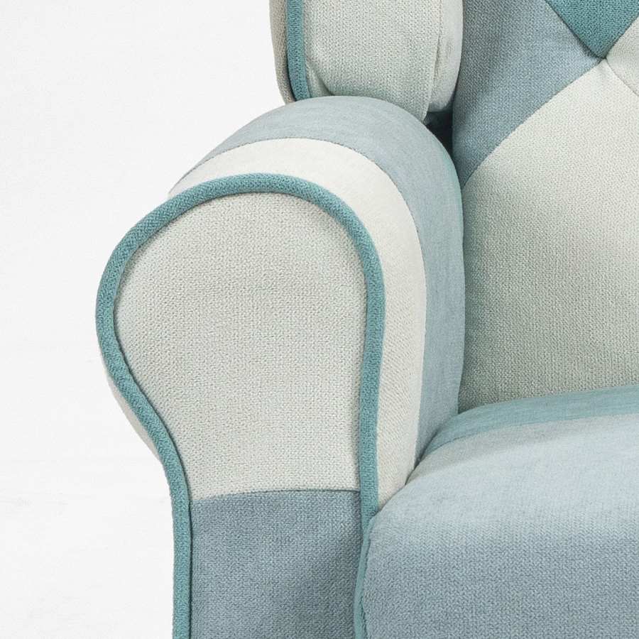 Poltrona relax reclinabile Push-Back con braccioli in tessuto patchwork azzurro