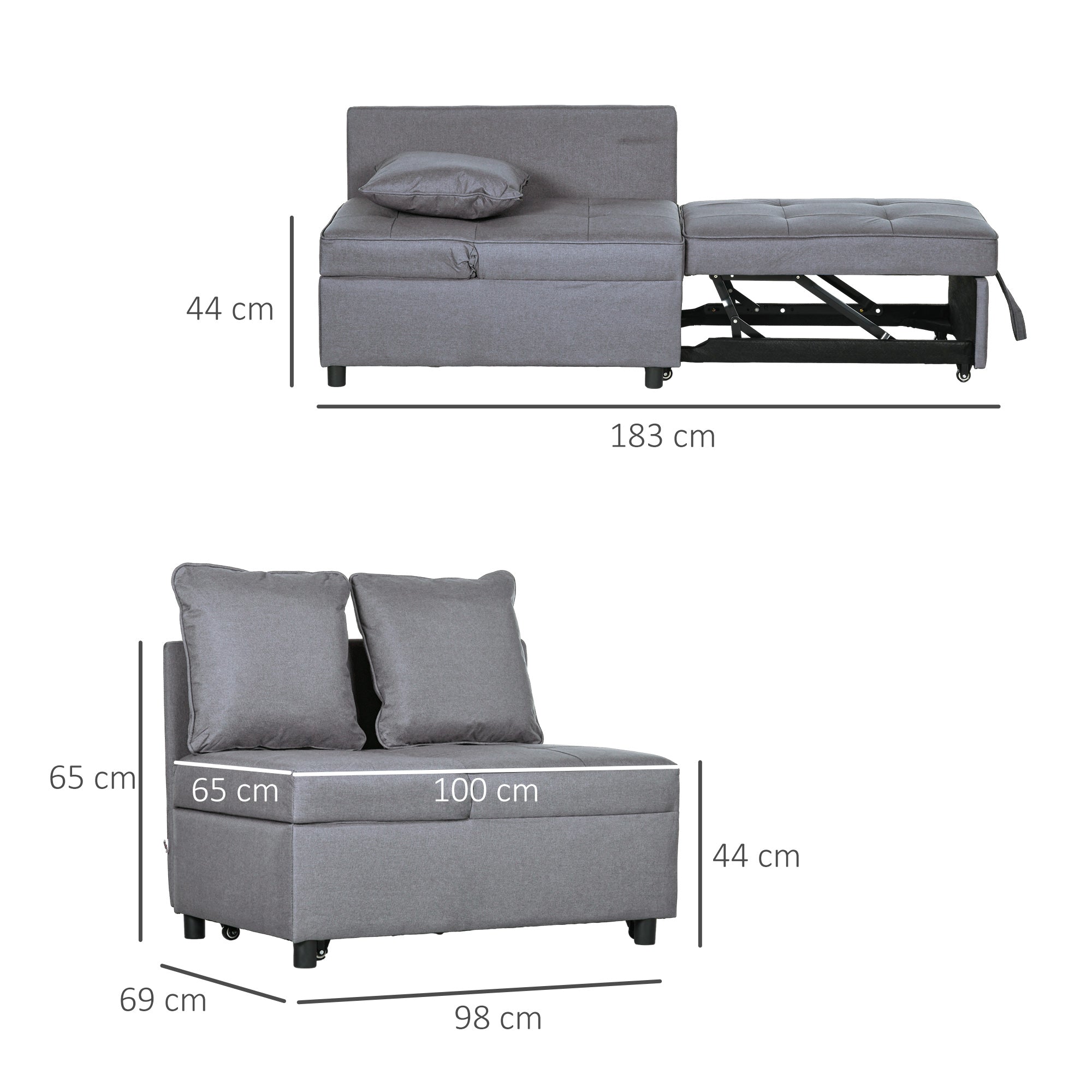 Poltrona Letto Singolo Schienale Reclinabile 98x69x65 cm Tessuto Effetto Lino Grigio Scuro