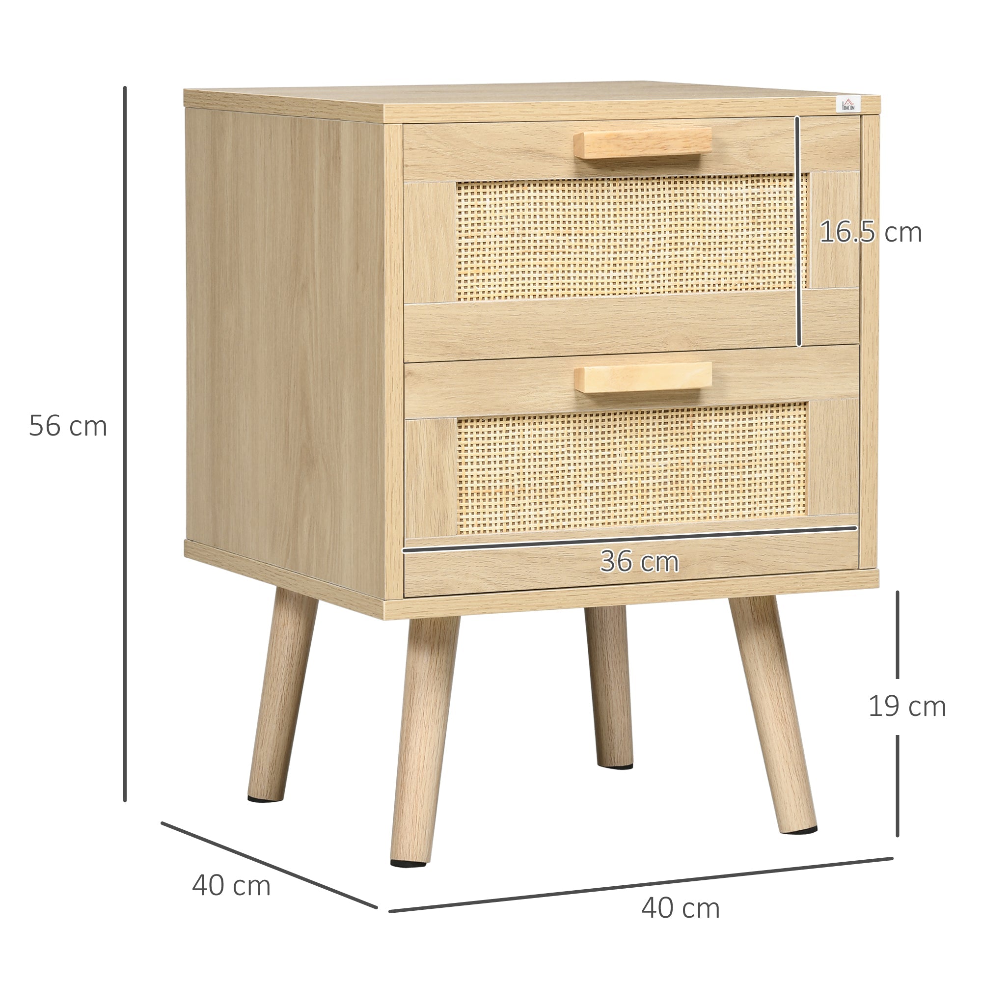 Comodino 2 Cassetti 40x40x56 cm in Legno e Rattan Naturale