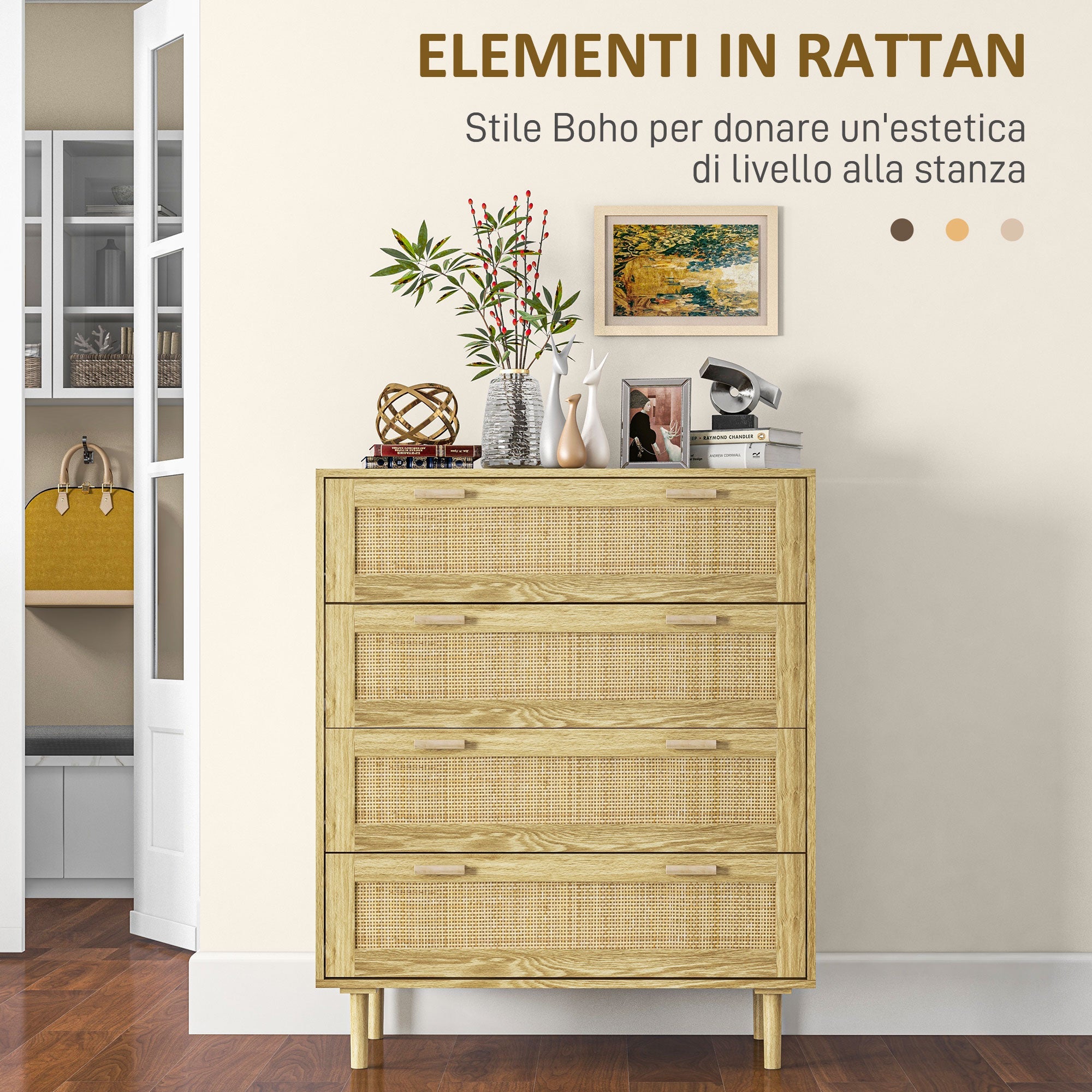 Cassettiera 4 Cassetti Stile Boho 90x45x108,5 cm in Legno e Rattan Rovere