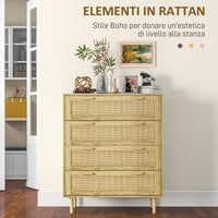 Cassettiera 4 Cassetti Stile Boho 90x45x108,5 cm in Legno e Rattan Rovere