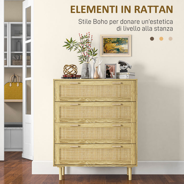 Cassettiera 4 Cassetti Stile Boho 90x45x108,5 cm in Legno e Rattan Rovere