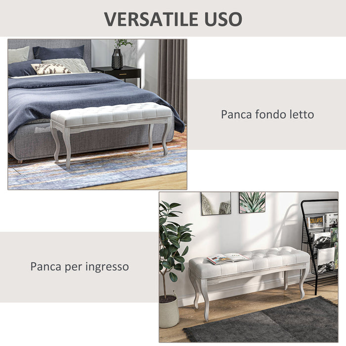 Panca Fondoletto Stile Vintage 110x37x49 cm in Tessuto Effetto Lino Bianco Crema