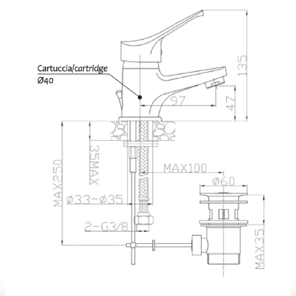 Miscelatore lavabo cromato bagno rubinetto piletta flessibile serie sei