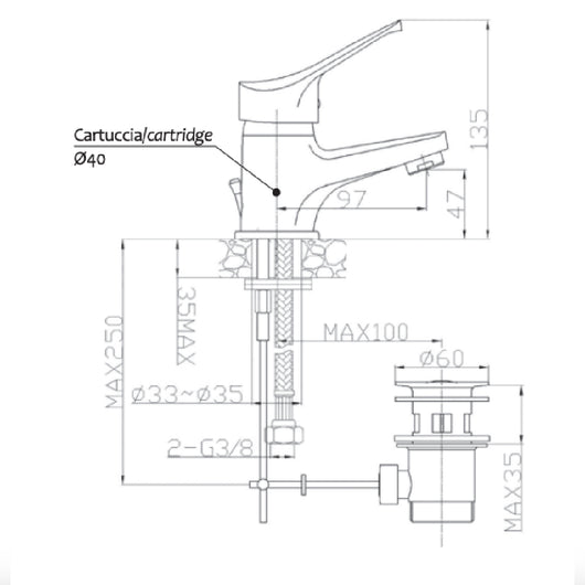 Miscelatore lavabo cromato bagno rubinetto piletta flessibile serie sei