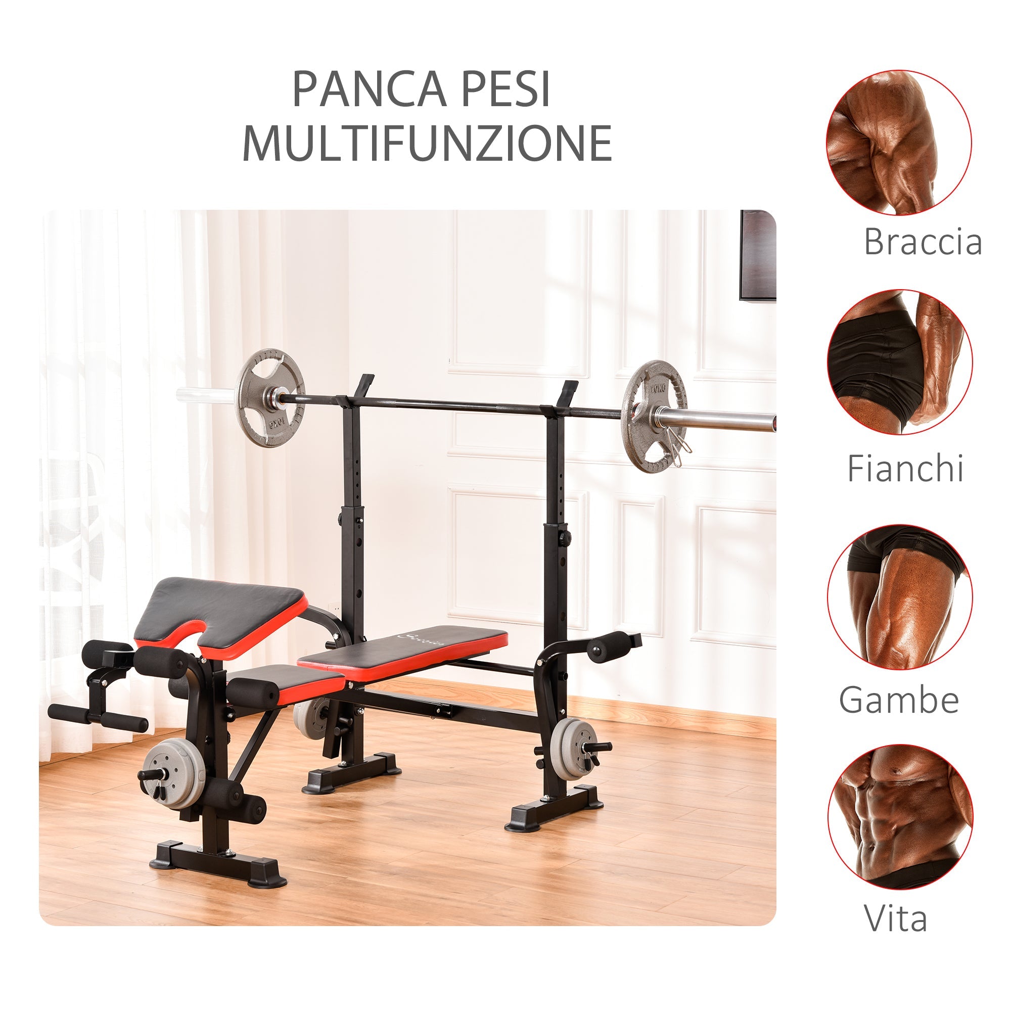 Panca Multifunzione Regolabile con Supporto per Bilanciere 175x139x127 cm in Acciaio e Plastica Rosso e Nero