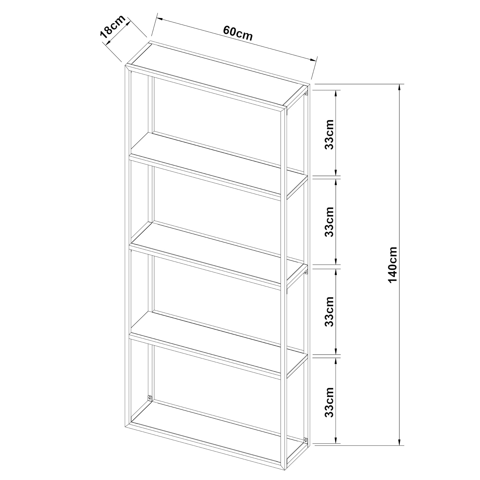 Scaffale da Parete Jà¤mijà¤rvi in Acciaio con Scomparti Aperti 140 x 60 x 18 cm Nero, opaco [en.casa]