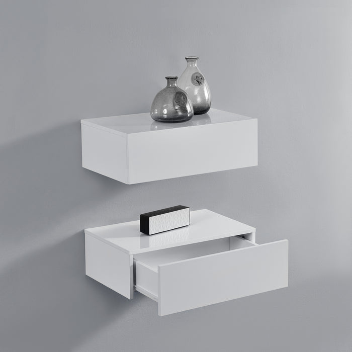 Set di 2 Comodini da Parete con Cassetto 46x30x15 cm Bianco Lucido [en.casa]