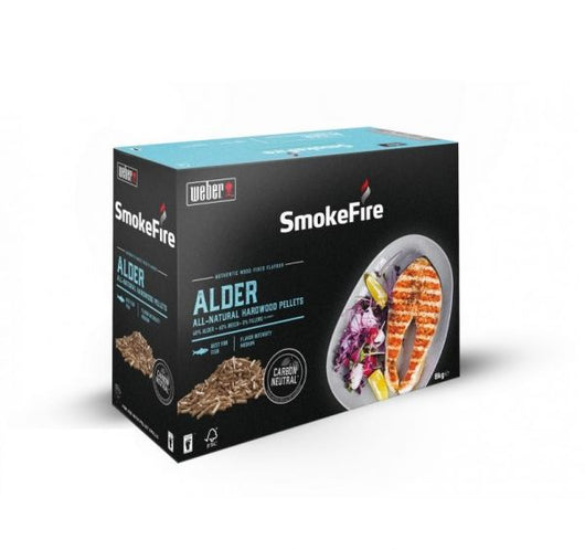 Weber smokefire 18290 - pellet di legno duro, in ontano, ideali per pesci, scatola da 8 kg, per barbecue e affumicatore, 100% naturale, legno sostenibile per barbecue e griglie a legna