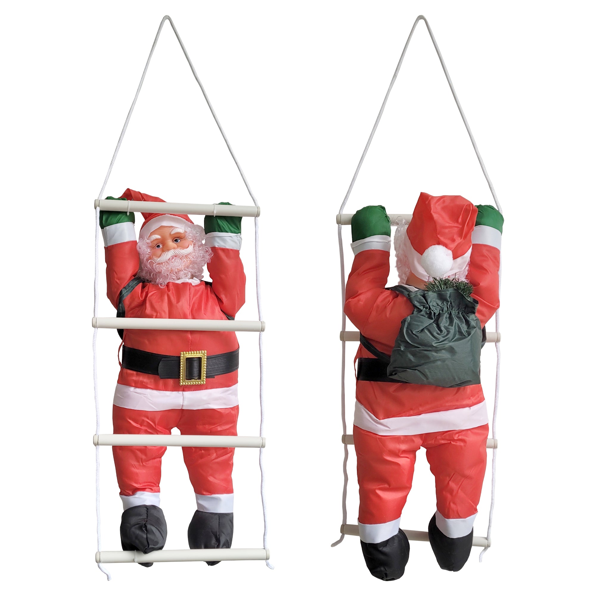 Babbo Natale Rampicante su Scala di Corda - Altezza totale 85 cm - Decorazione Natalizia da Appendere per Uso