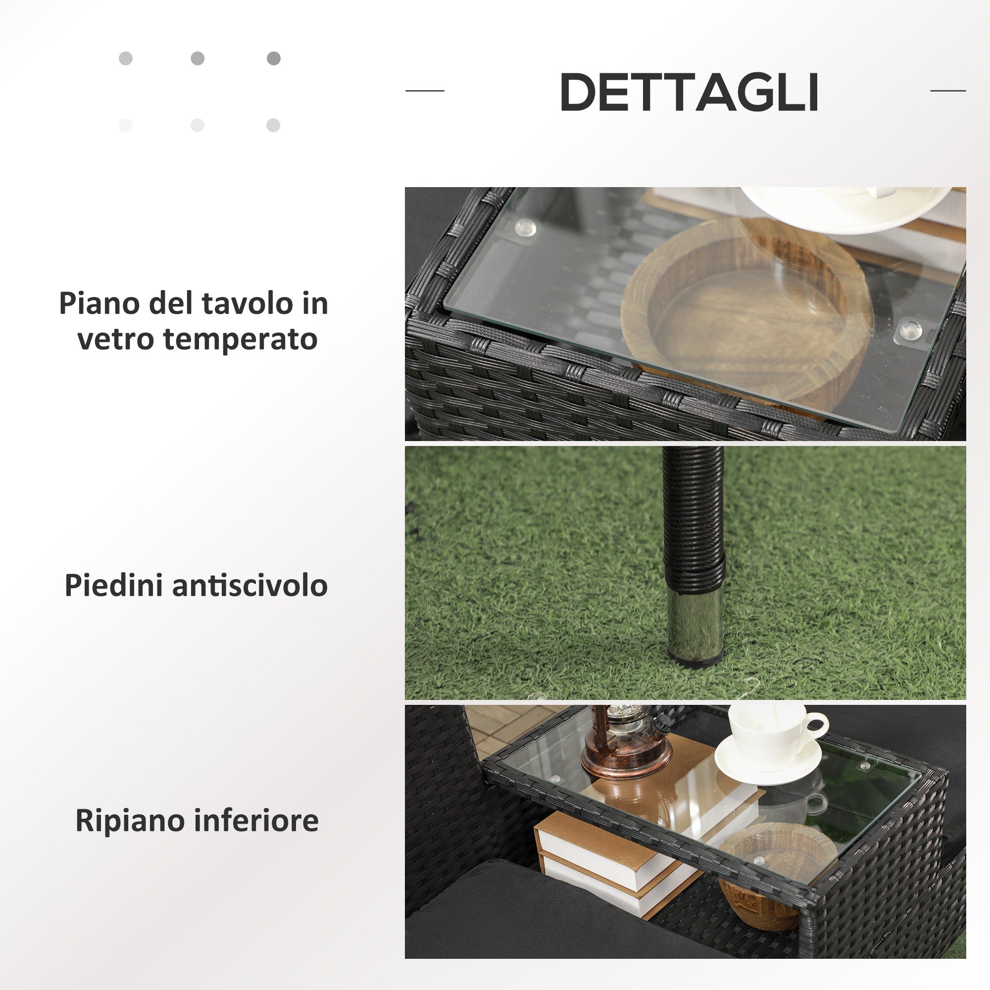 Divanetto per Esterni 2 Posti con Tavolino da Caffè 137x59x82 cm in Acciaio e Rattan PE Nero