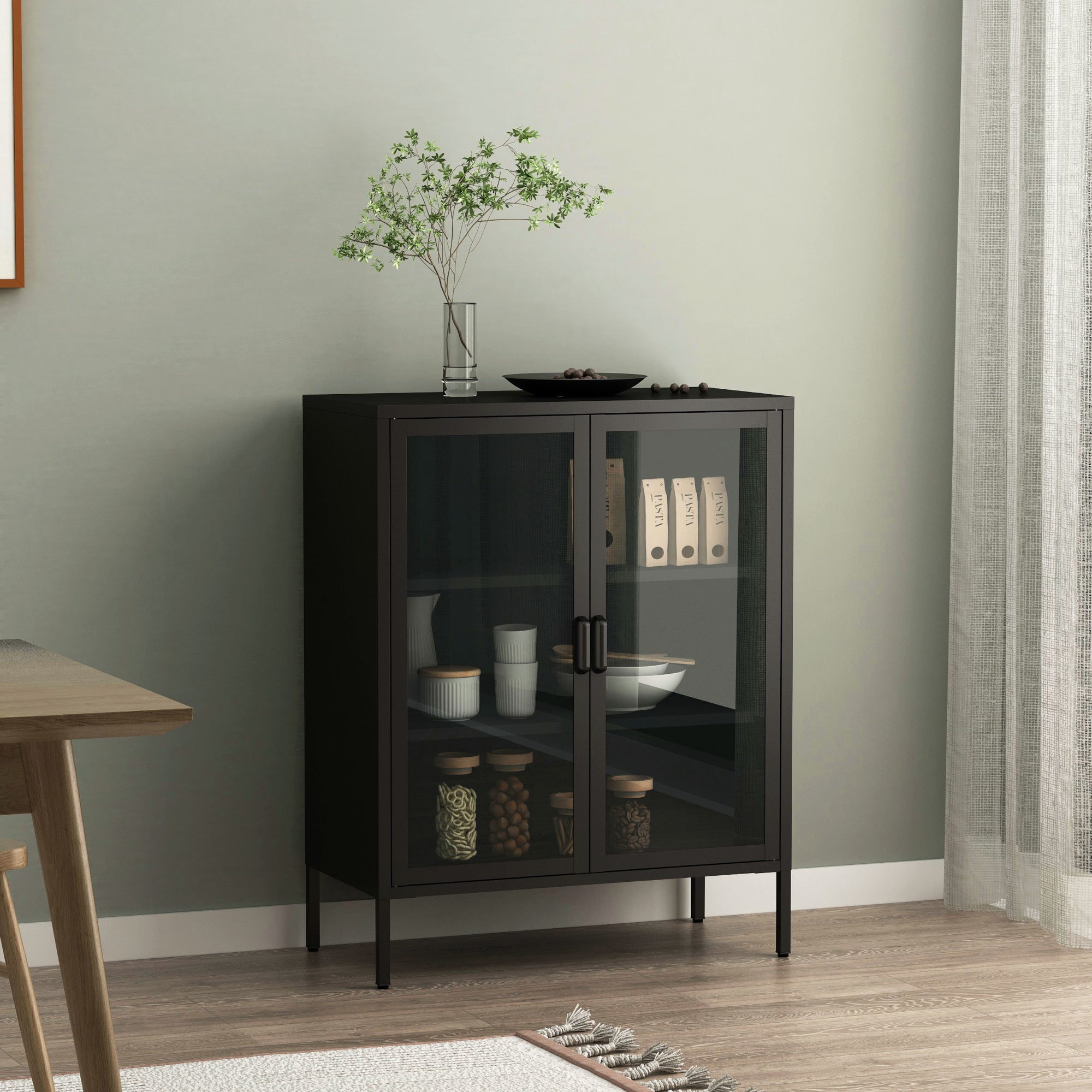 Credenza Fauske in Acciaio con 2 Ante in Vetro Temperato 101,5 x 80 x 40 cm Nero [en.casa]