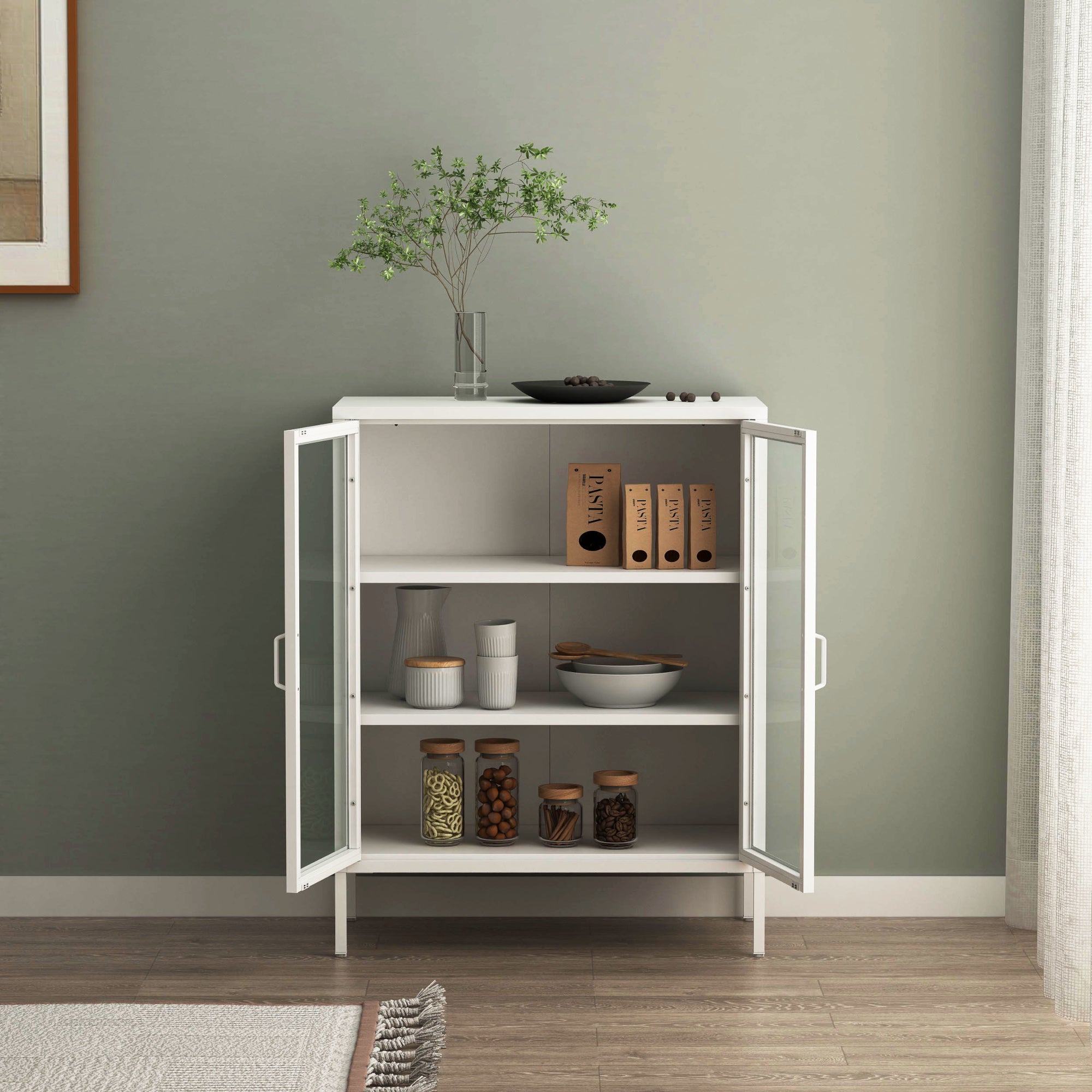 Credenza Fauske in Acciaio con 2 Ante in Vetro Temperato 101,5 x 80 x 40 cm Bianco [en.casa]