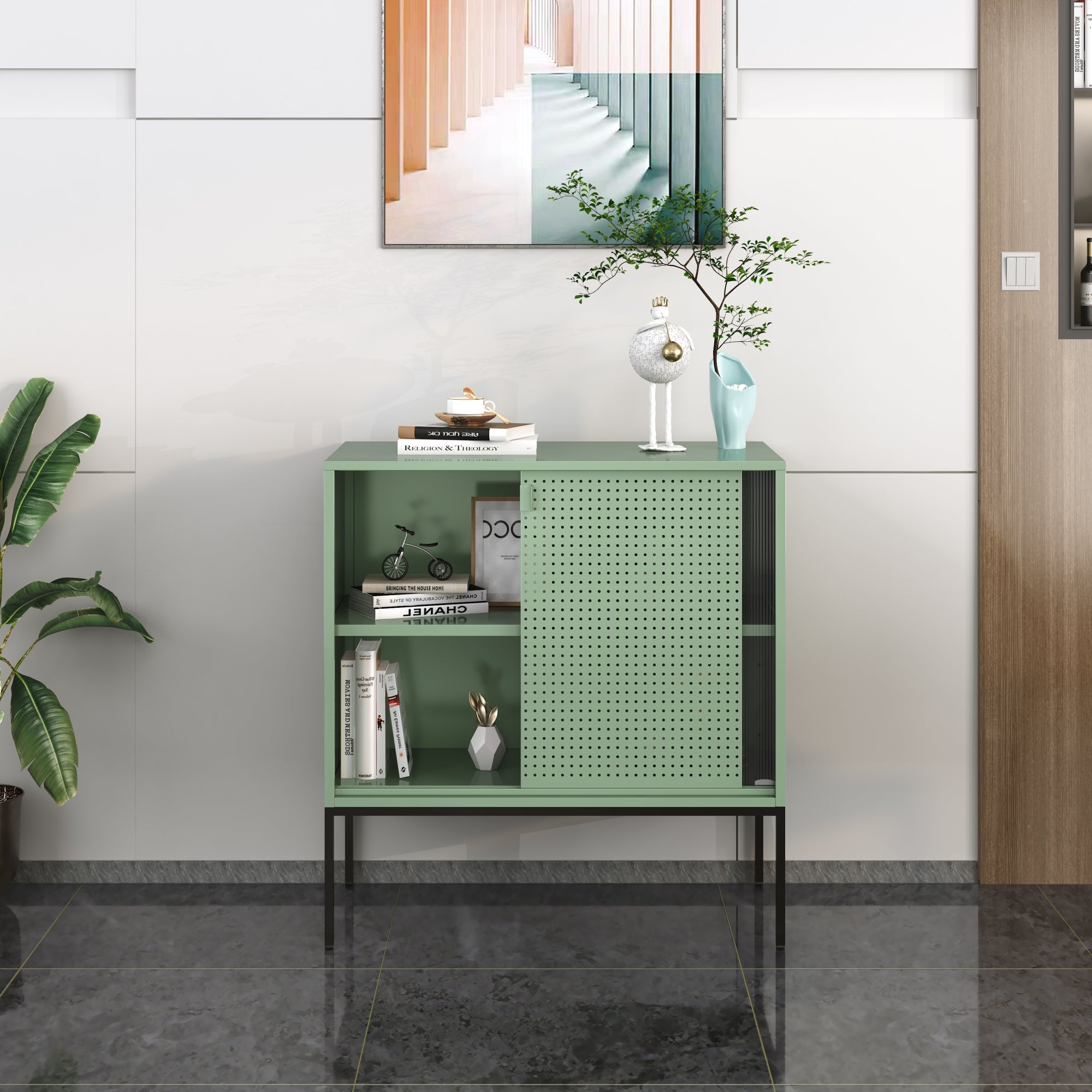 Credenza Eidsvoll in Acciaio con Anta Scorrevole 85 x 80 x 45 cm Verde [en.casa]