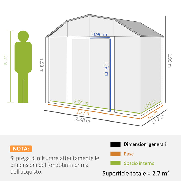 Capanno Porta Attrezzi con Ripiani Regolabili e 2 Finestre 238x132x198,5 cm in Acciaio Zincato Grigio Scuro