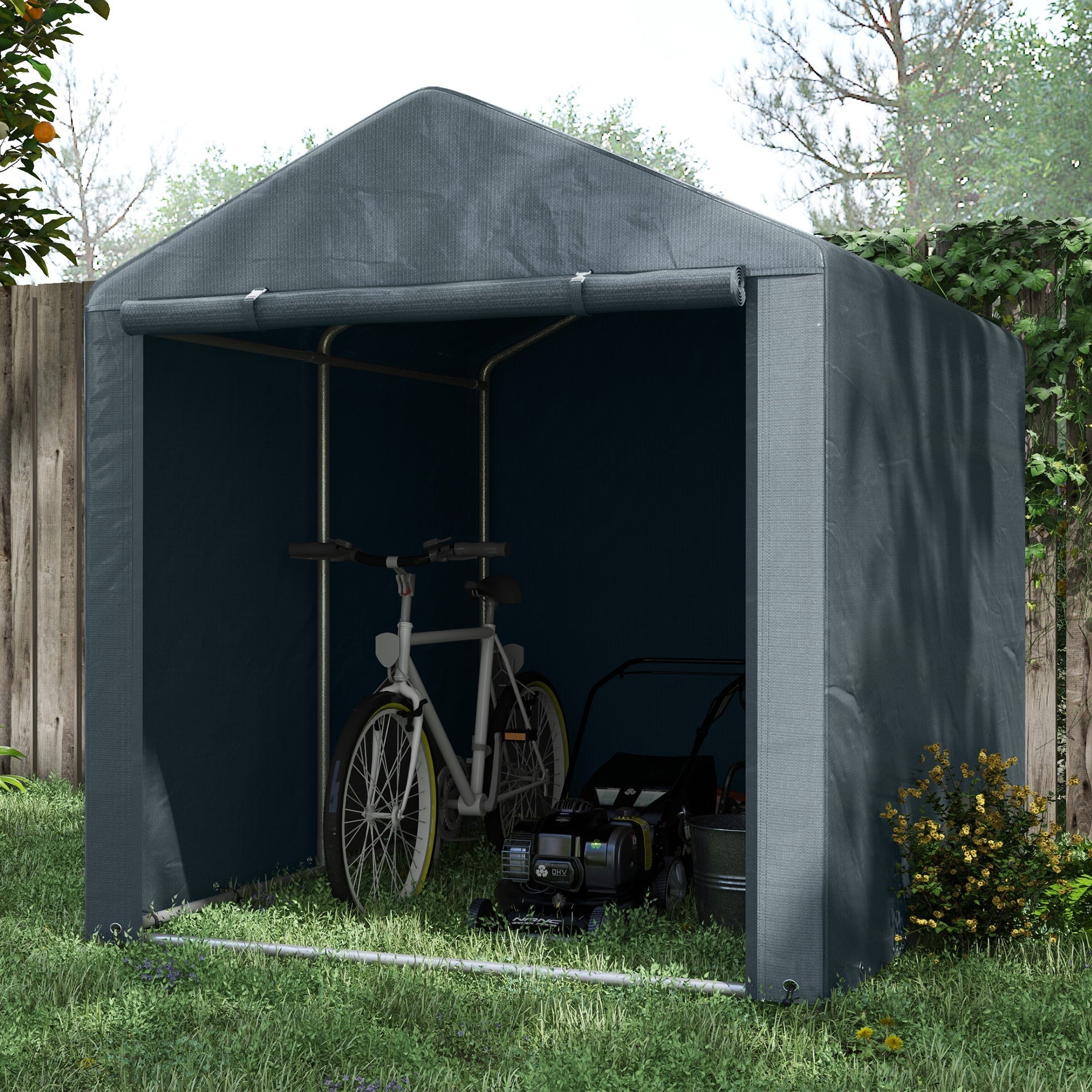 Capanno Box per Attrezzi da Giardino 160x218x172 cm Tenda in PE anti UV e Acciaio Grigio scuso