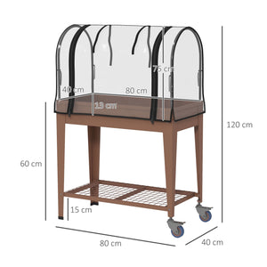 Fioriera Rialzata con Mini Serra per Piante 80x40x120cm Ruote e Ripiano Marrone