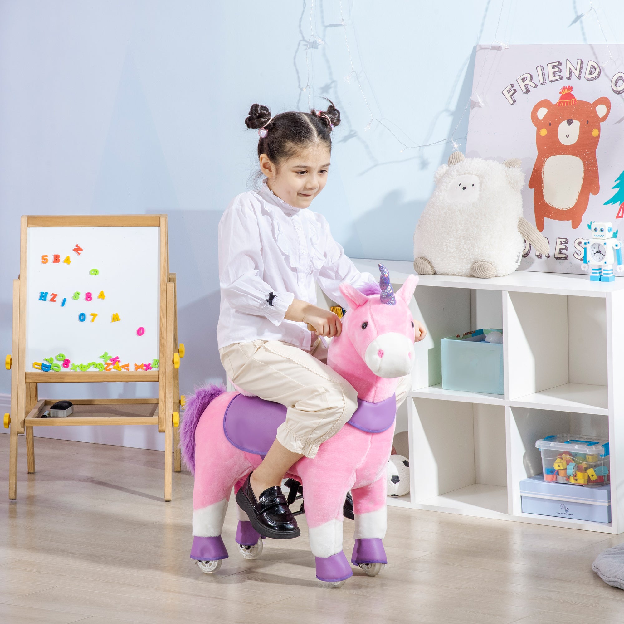 Cavallo a Dondolo per Bambini 70x32x87 cm con Ruote a Forma di Unicorno Rosa