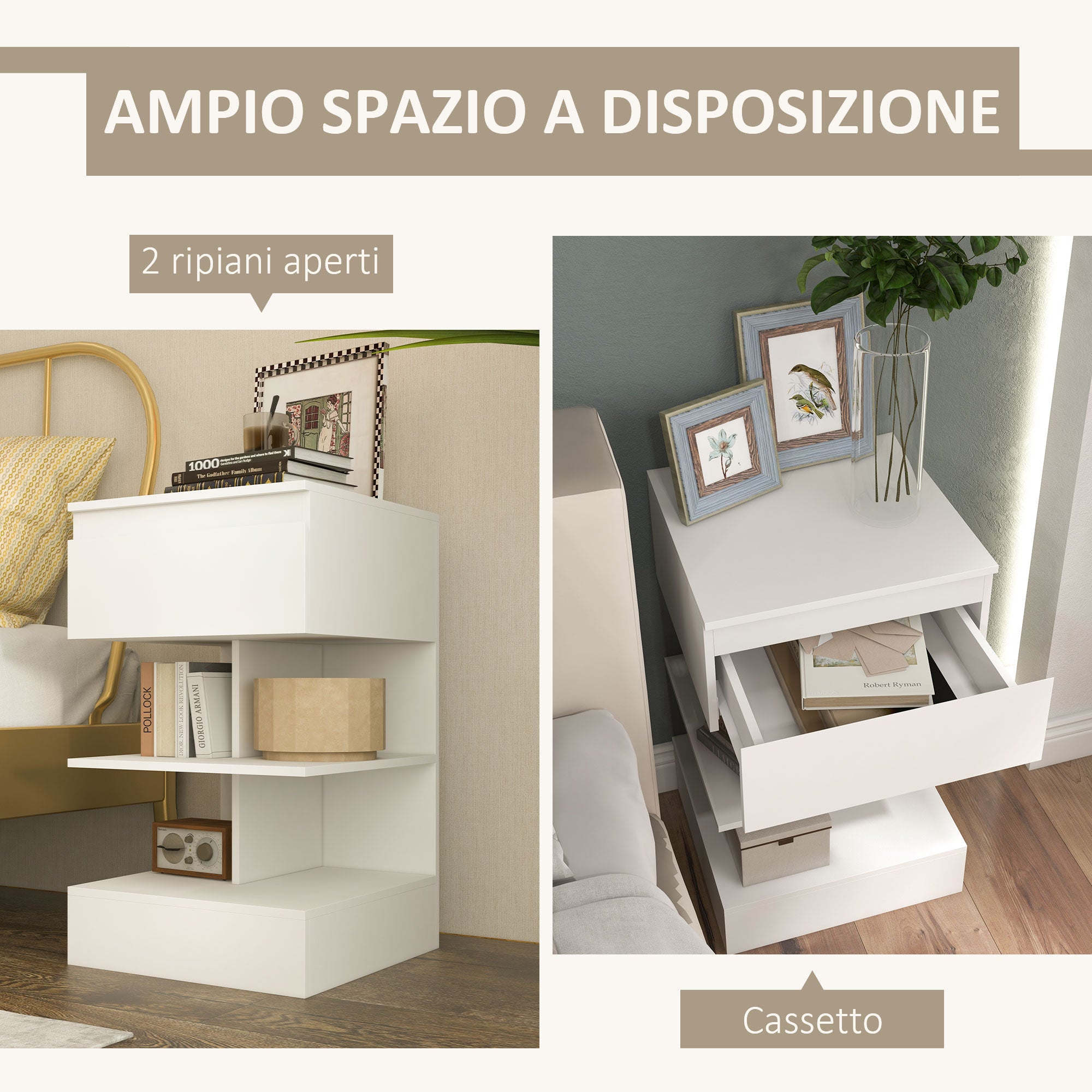 Comodino 39x39x65 cm 2 Ripiani 1 Cassetto in Truciolato Bianco