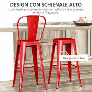 Set 2 Sgabelli da Bar Stile Industriale Schienale Rimovibile 44x49x116 cm in Metallo Rosso