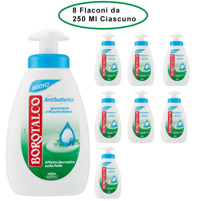 Borotalco sapone con antibatterico igienizzante al muschio bianco 8 flaconi da 250 ml ciascuno