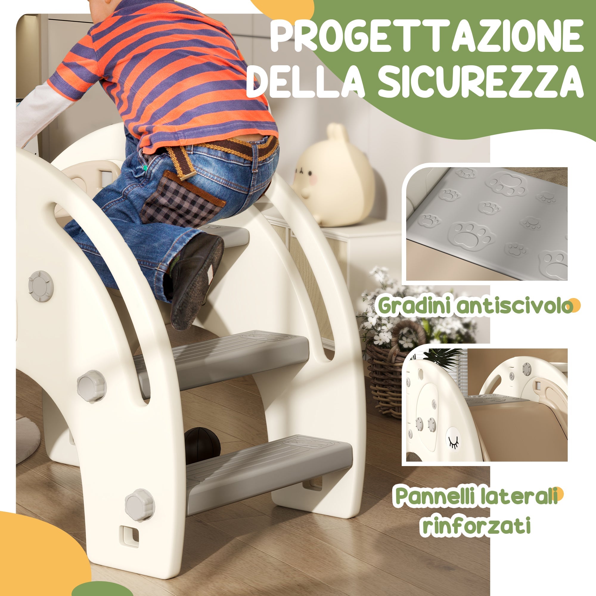 Scivolo da Interno con Canestro Design Elefante 163x57x75 cm Bianco Crema