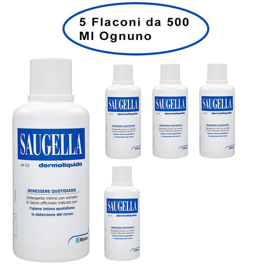 Saugella dermoliquido detergente per l'igiene intima 5 flaconi da 500 ml ciascuno