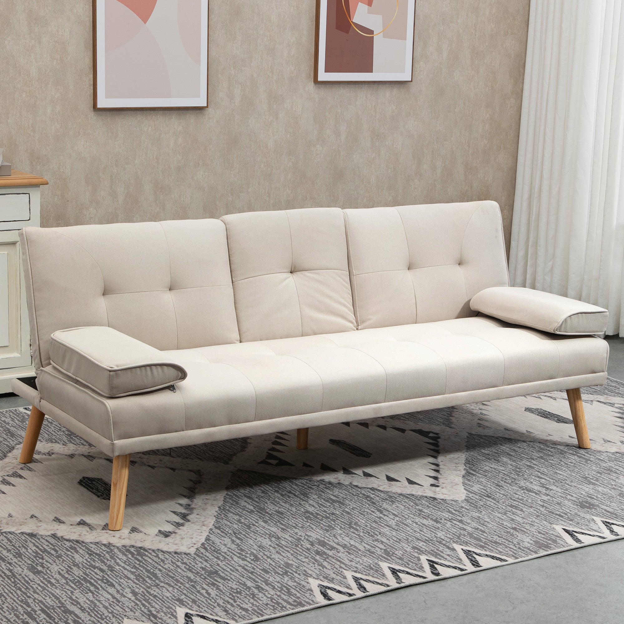 Divano Letto 3 Posti 181x77x78 cm in Tessuto Effetto Lino Beige