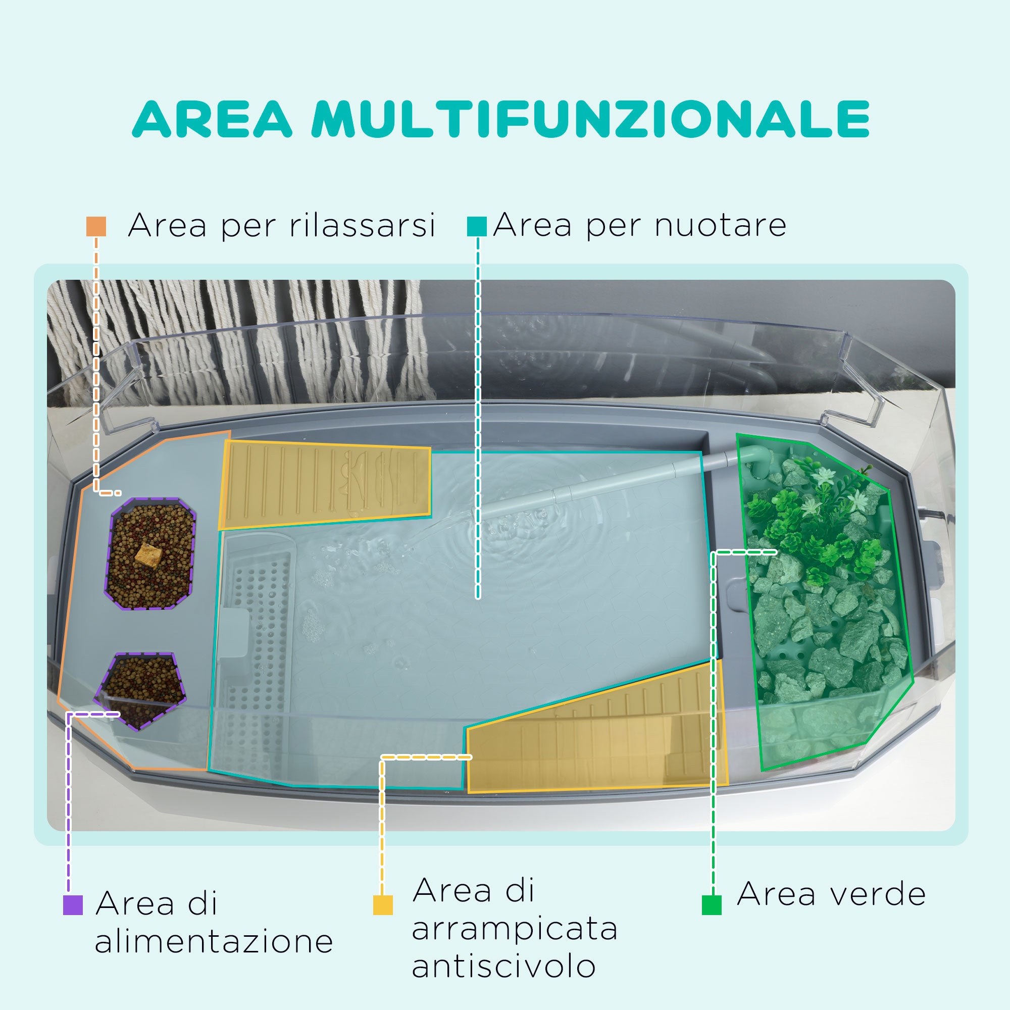 Vasca per Tartarughe Multifunzione 62x31x 21 cm con Tubo e Pompa d'Acqua Bianca