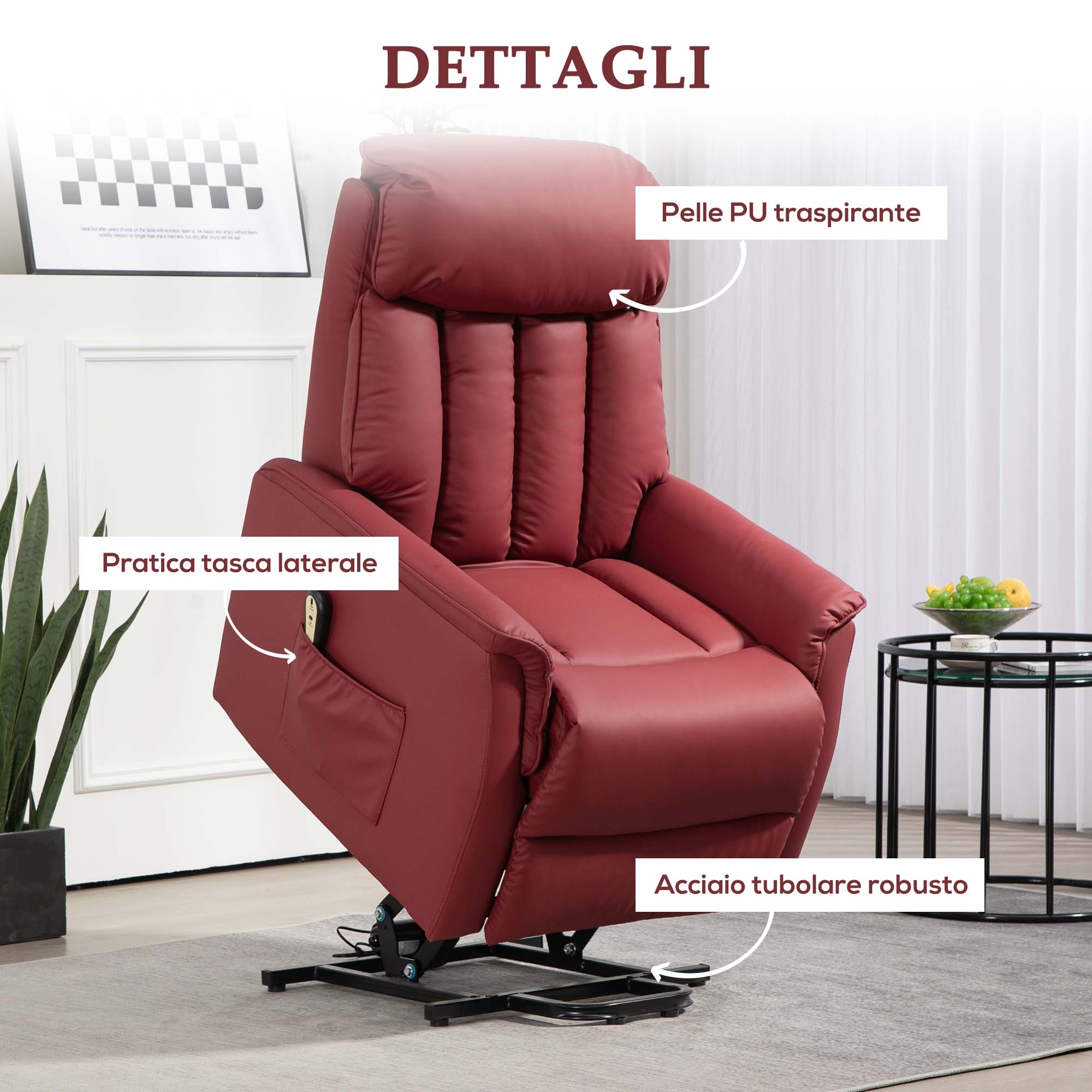 Poltrona Relax Reclinabile Alzapersone Elettrica con Telecomando Rosso