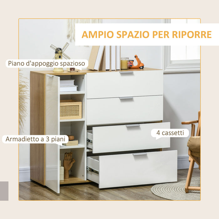 Mobile Multiuso 4 Cassetti 1 Anta 105x35x92 cm in Truciolato Bianco e Legno Naturale