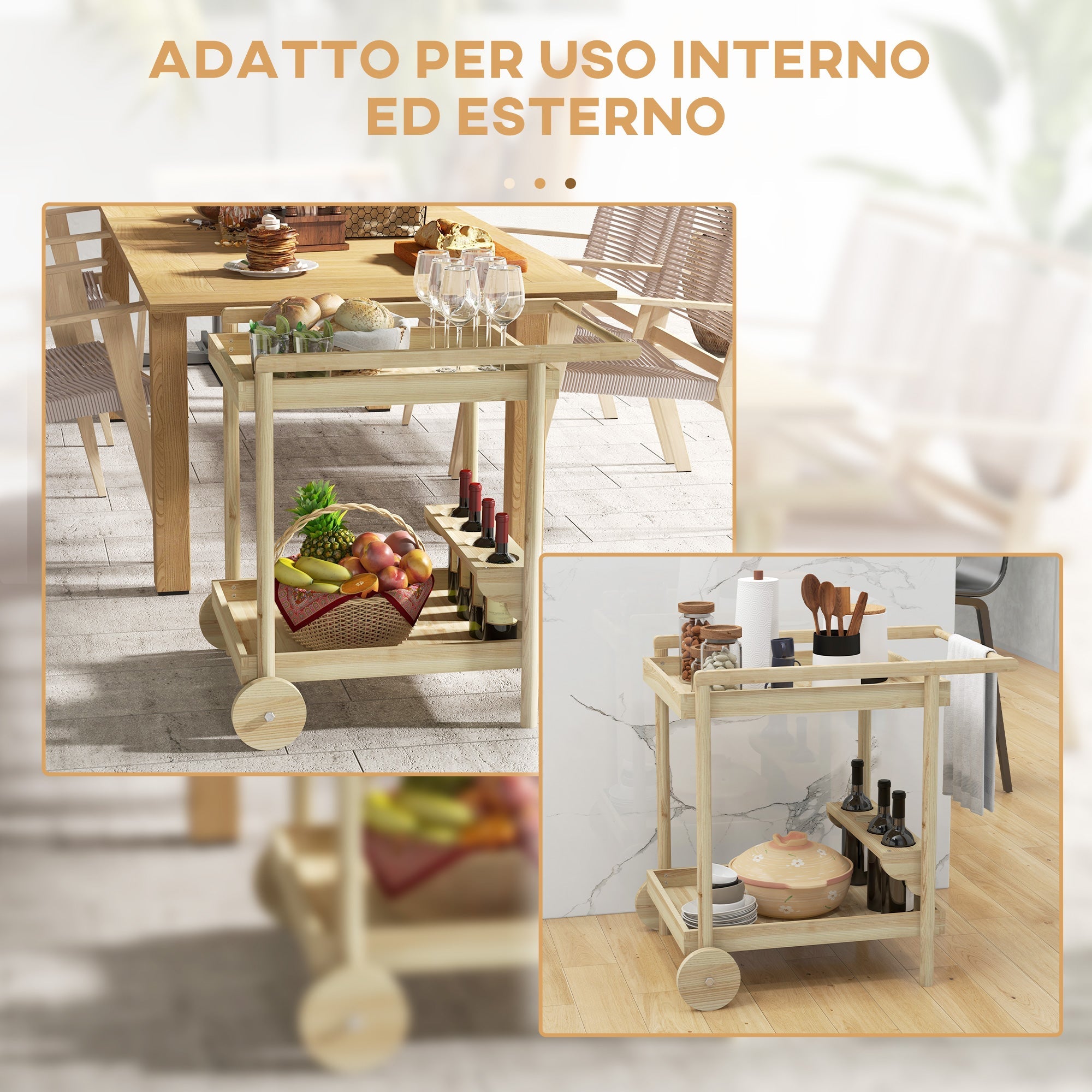 Carrello Portavivande a 2 Ripiani e 4 Portabottiglie 78x58.5x75 cm in Legno di Abete