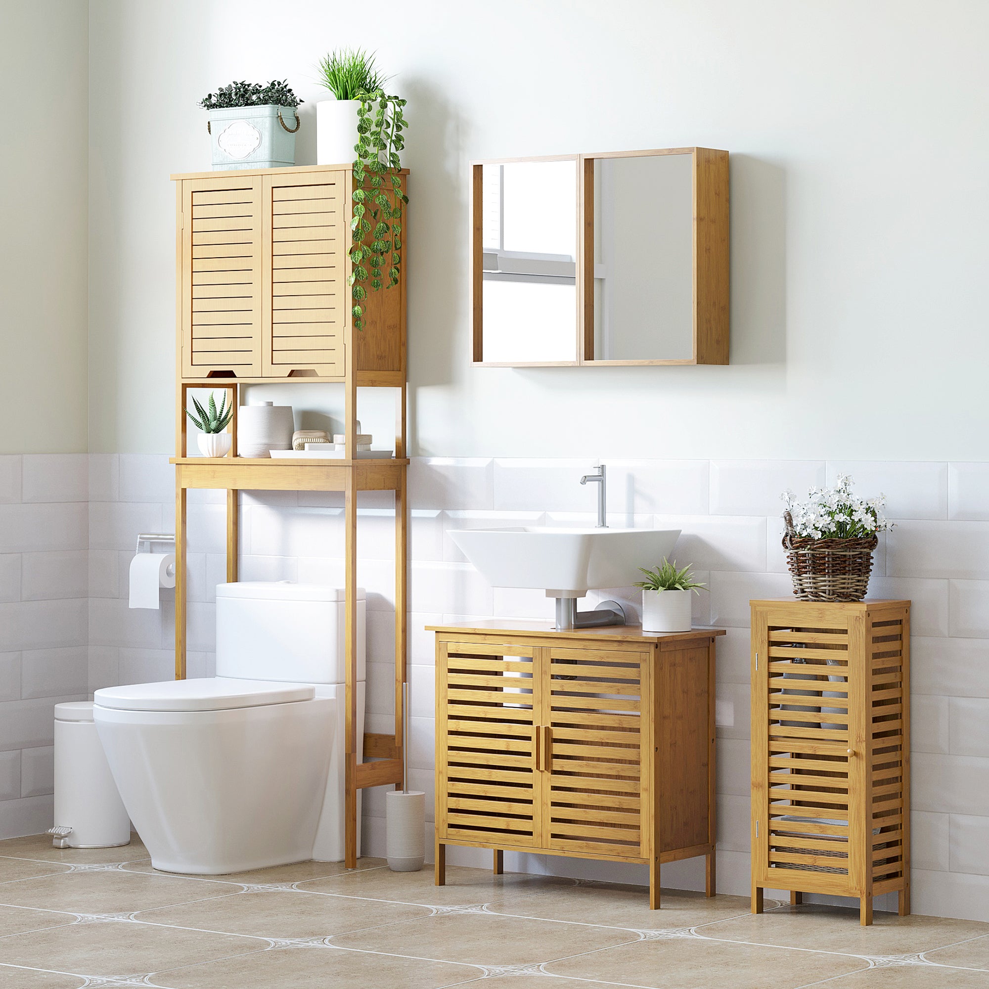 Armadietto Bagno 1 Anta 30x19,9x70 cm in Bambù Legno Naturale