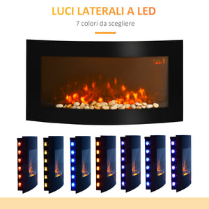 Camino Elettrico da Parete e da Incasso 1000/2000W con Luce LED RGB Nero