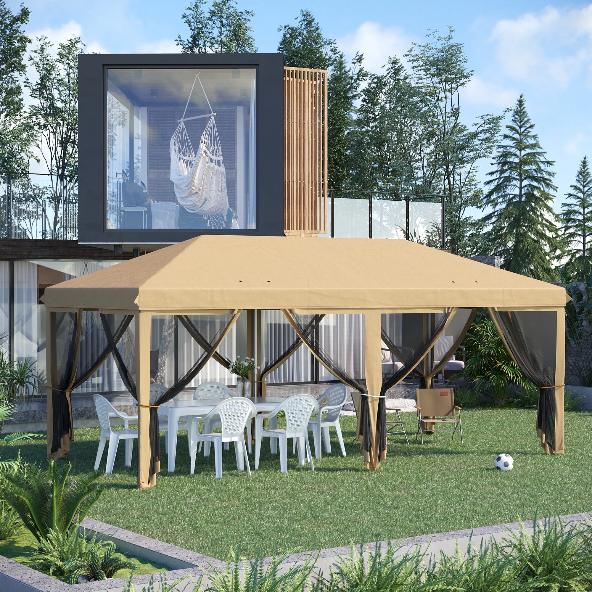 Gazebo da Giardino 6x3m Pieghevole con Zanzariera Altezza Regolabile e Borsa di Trasporto Beige