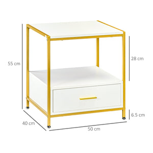 Set 2 Comodini 2 Cassetti 50x40x55 cm in Acciaio e Legno Truciolare Bianco e Oro